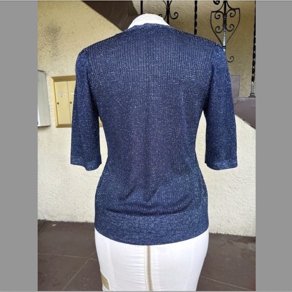 VERONICA BEARD Ume Blue Metallic Shimmer Short Sleeve Knit Top EUC/sz L - Picture 8 of 11